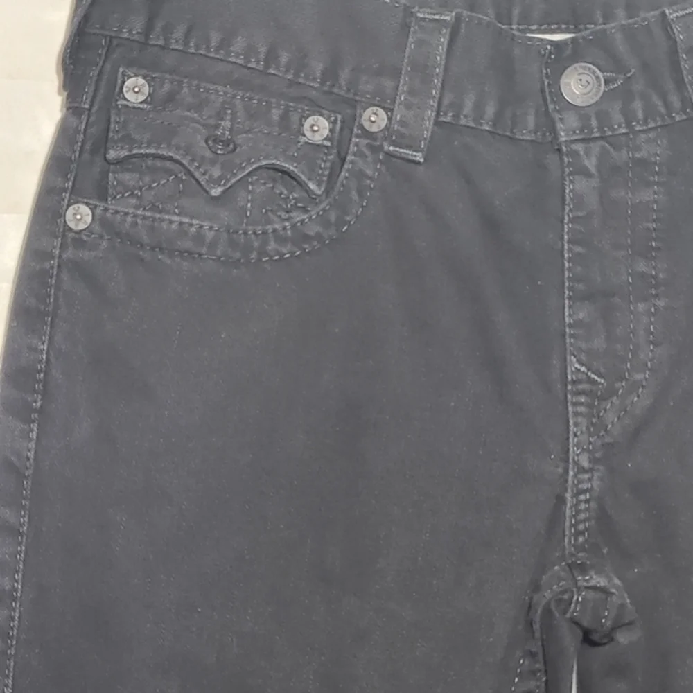 True Religion Ricky Straight Denim Jeans Jet‎ Black w/Flaps 32x35 Super T Stitch